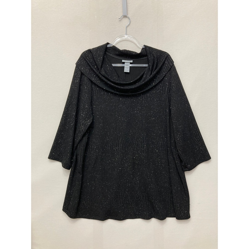 Catherines Cowl Neck Knit Top 2X Black Shimmer Metallic Knit 3/4 Sleeve